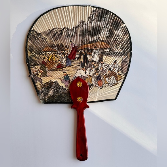 Vintage Asian Japanese Wooden Non-folding Fan Beautiful Paintings on Both Sides - Picture 2 of 9